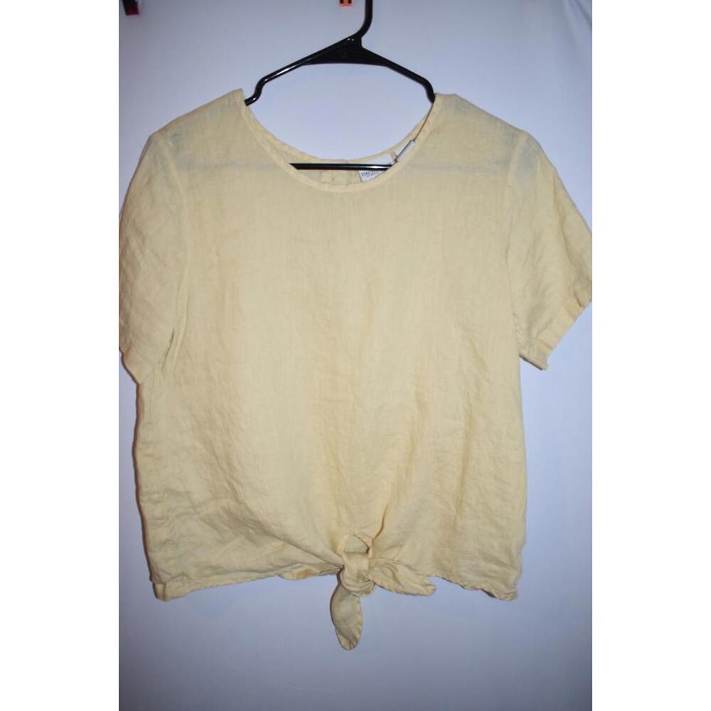 Rachel Zoe Yellow 100% Linen Short Sleeve Knot Front Button‎ Back Top Size Small
